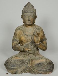 Lot 15: Large carved and gilt wood Buddha statue