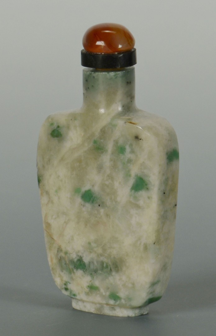 Lot 16: Chinese Carved Green and White Jade snuff bottle