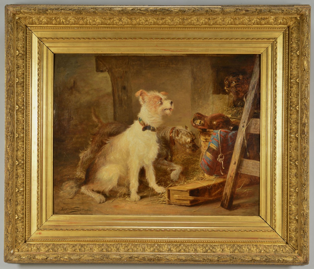 Lot 187: Z. Notermann oil on board, terriers with cat