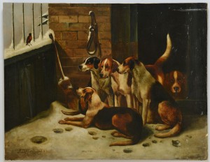 Lot 189: John Morris, British, O/C, Hunting Dogs in Kennel