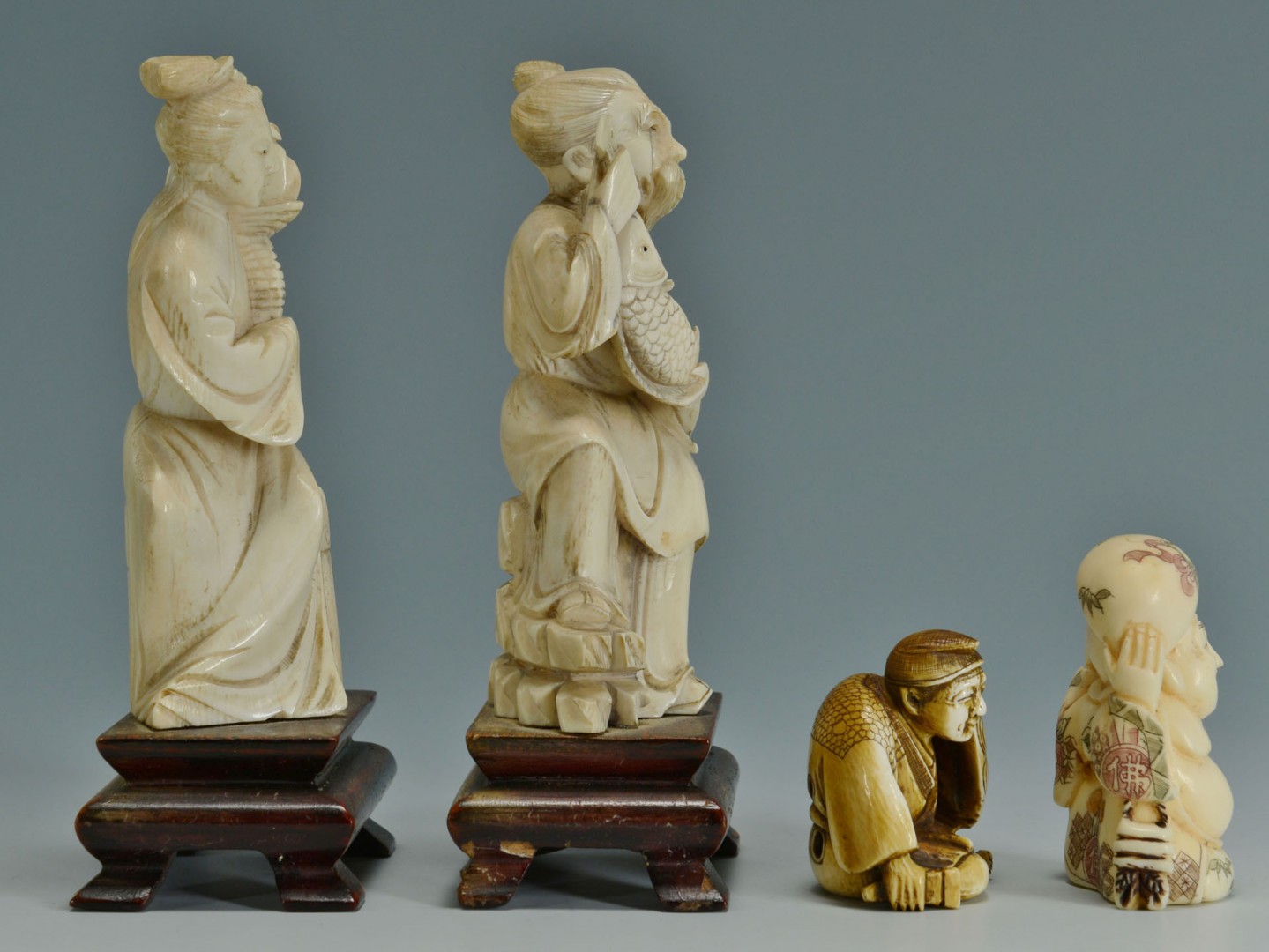 Lot 247: 2 Chinese Ivory Figures & 2 Ivory Netsukes