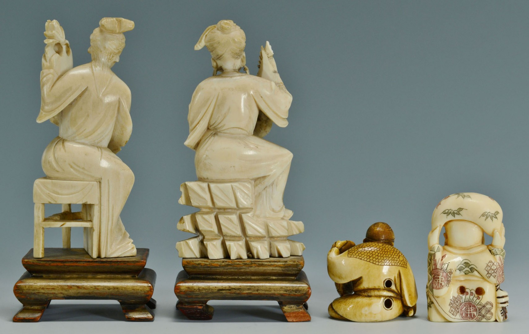 Lot 247: 2 Chinese Ivory Figures & 2 Ivory Netsukes