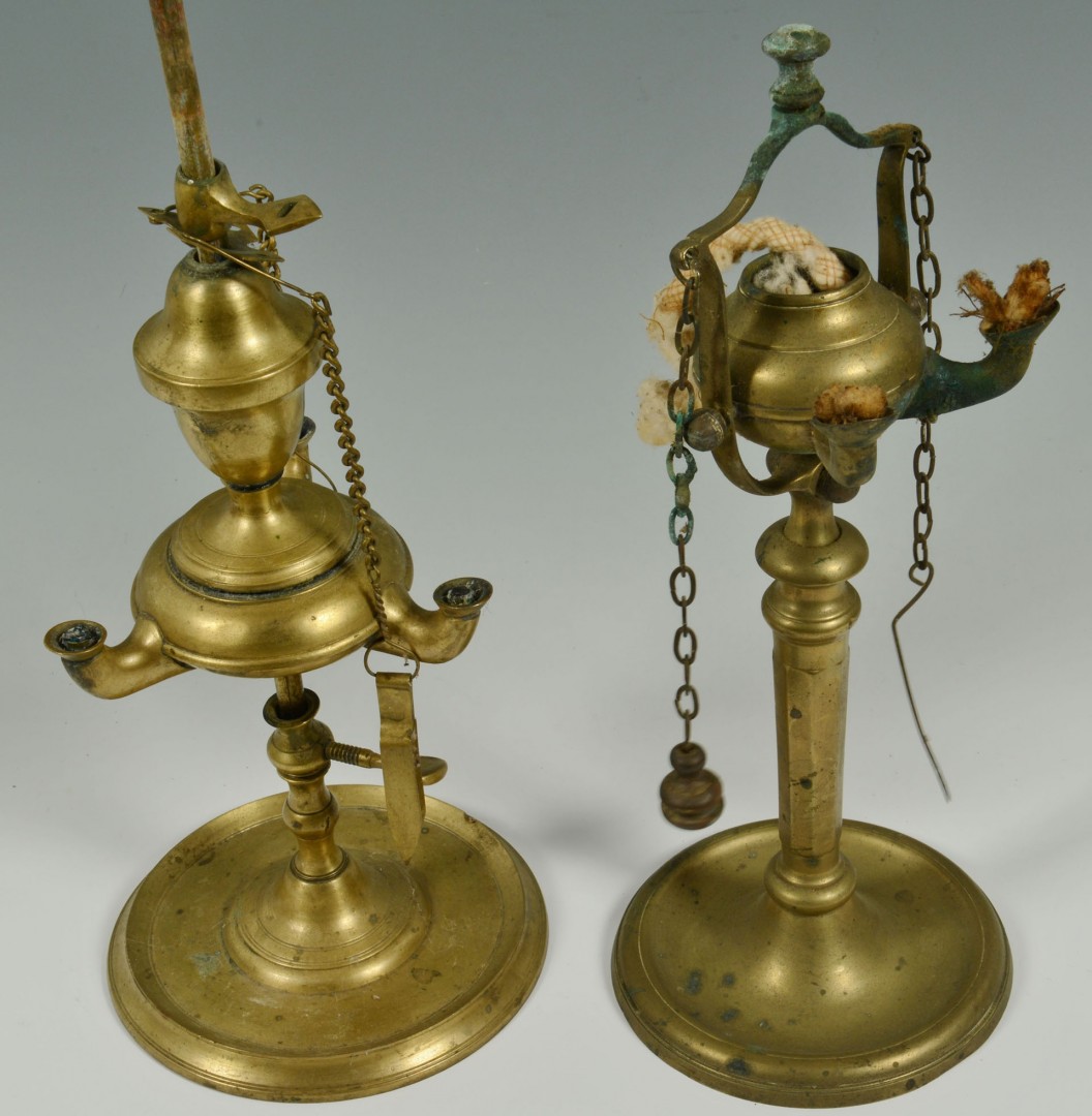 Lot 285: 8 Glass & Brass Oil Lamps, includ. Lucerne
