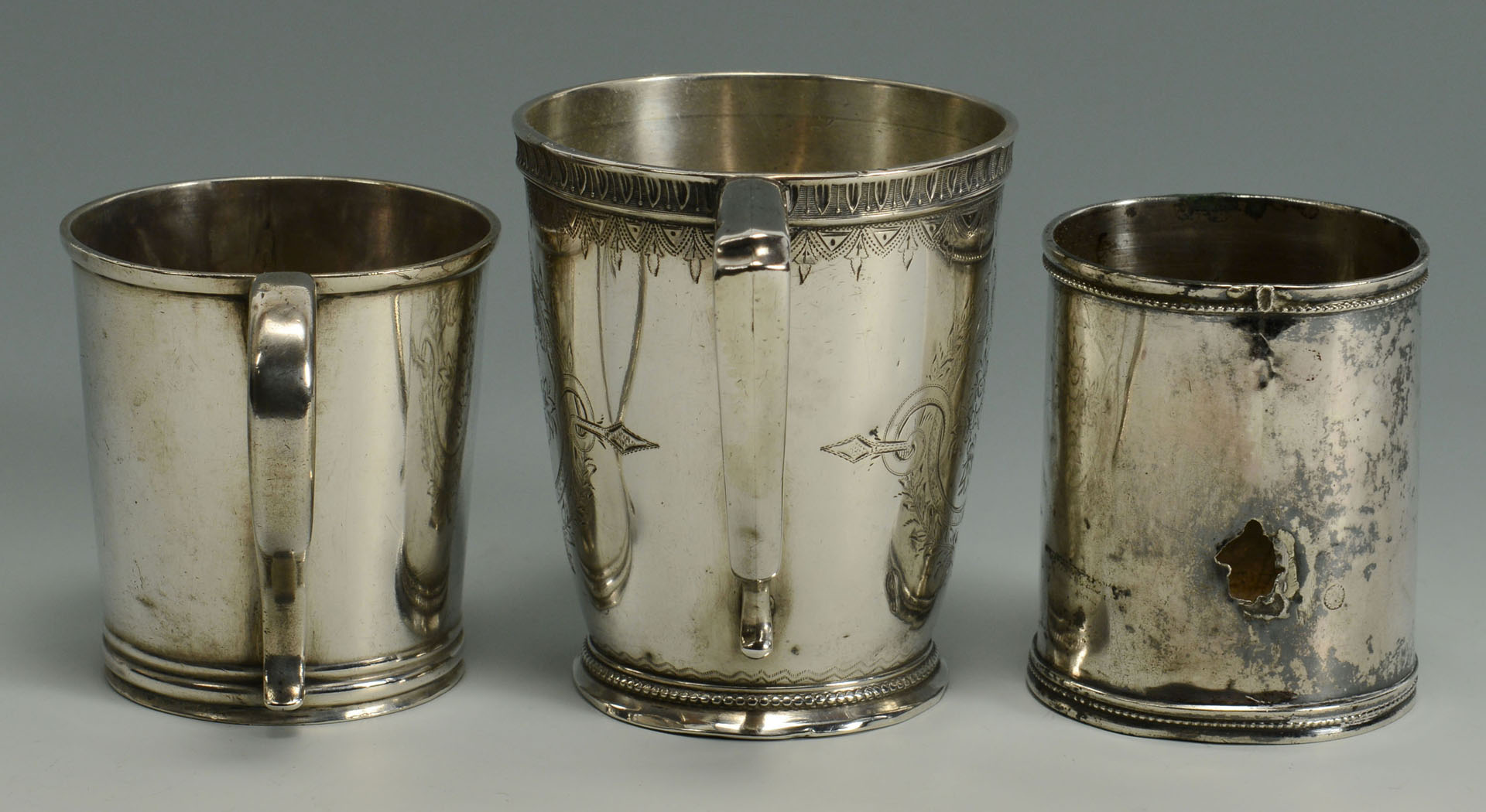 Lot 290: 3 Coin Silver Cups and Silver Metal/Horn Ladle