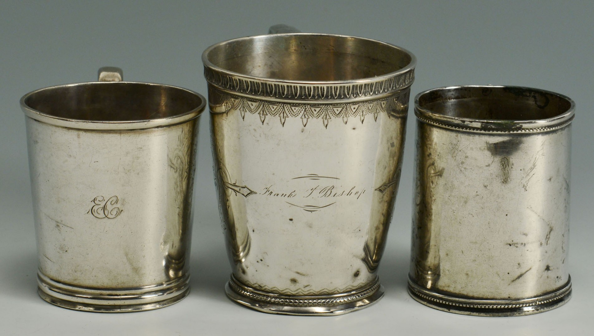 Lot 290: 3 Coin Silver Cups and Silver Metal/Horn Ladle