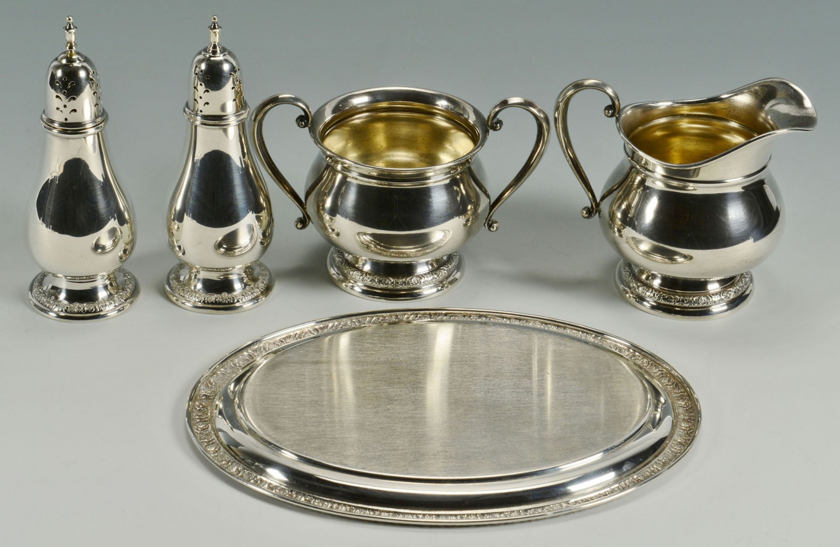 Lot 299: Prelude Pattern cream and sugar, tray, and s/p sha