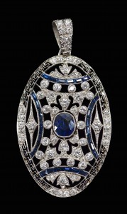 Lot 308: 18KT Diamond & Sapphire Art Deco pendant