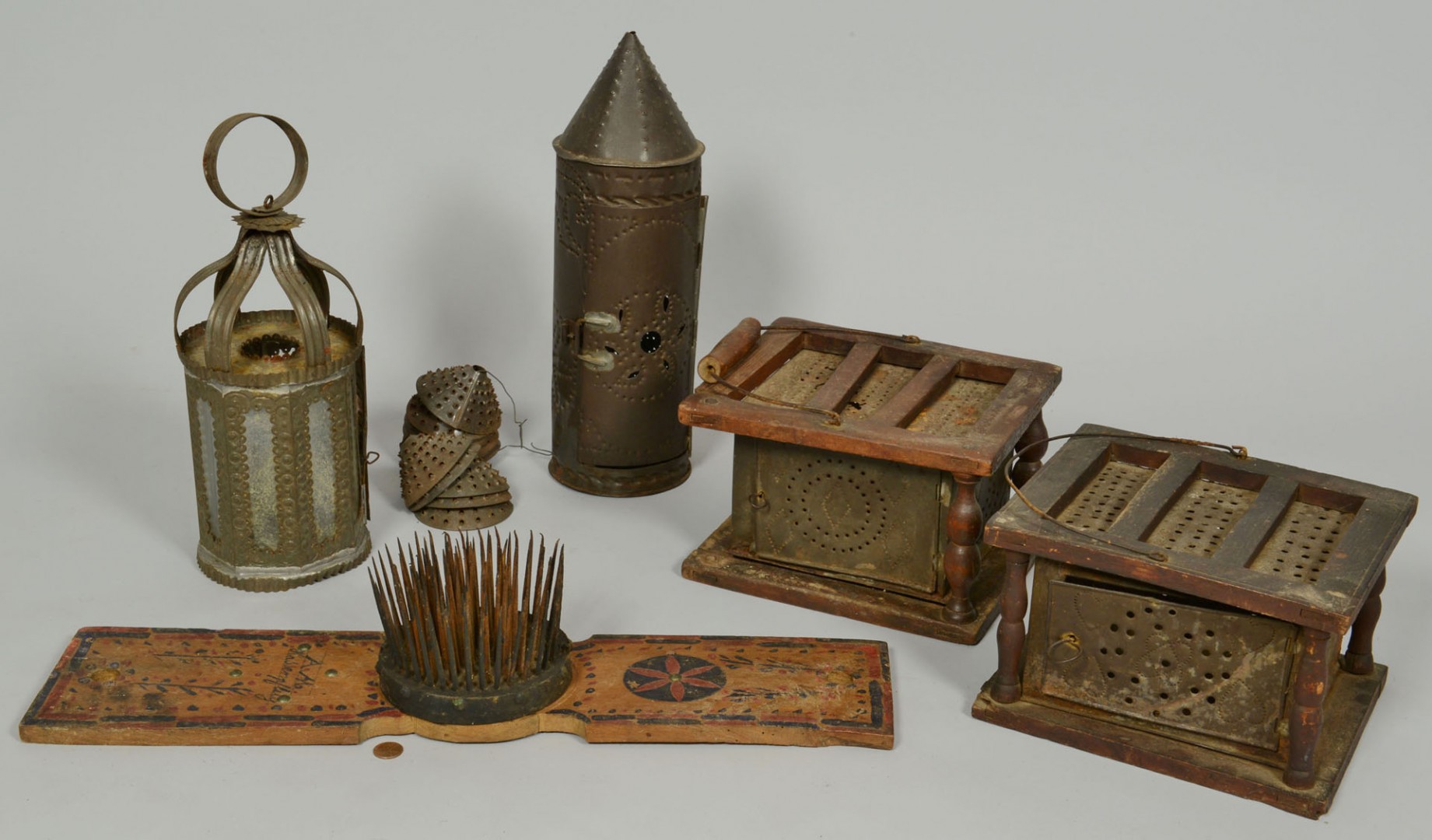 Lot 323: Group of Early American Tin Ware & Hatchel