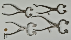 Lot 325: Grouping of 4 early iron sugar nips, some engraved