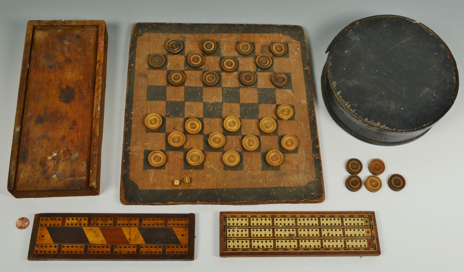Lot 327: 5 Folk art game related items, checkerboard