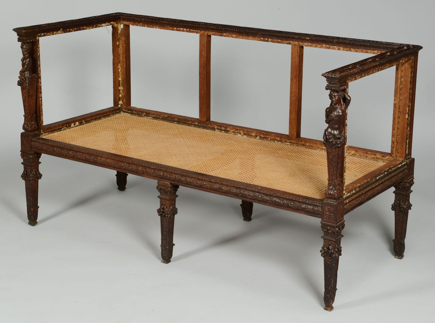 Lot 348: Carved Renaissance Style Settee & 15th C. Fabric