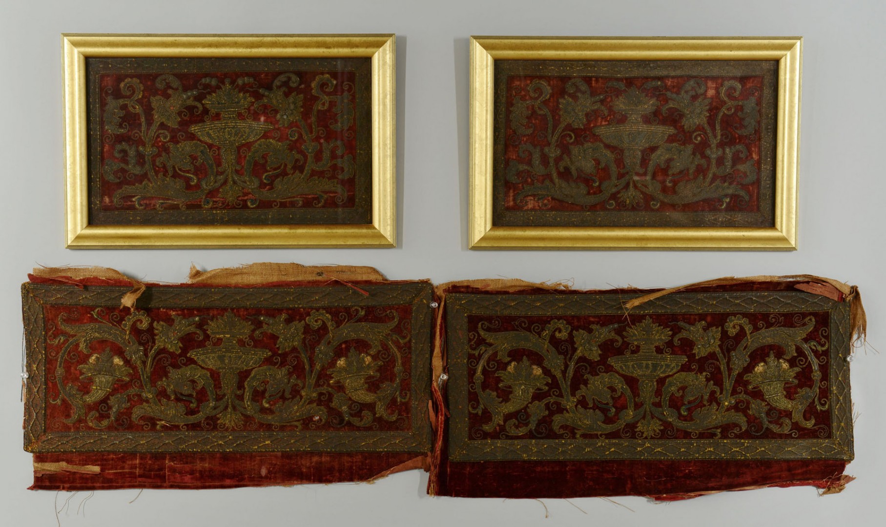 Lot 348: Carved Renaissance Style Settee & 15th C. Fabric