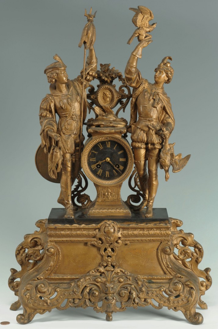 Lot 356: Spelter figural mantle clock, Samuel Marti movemen