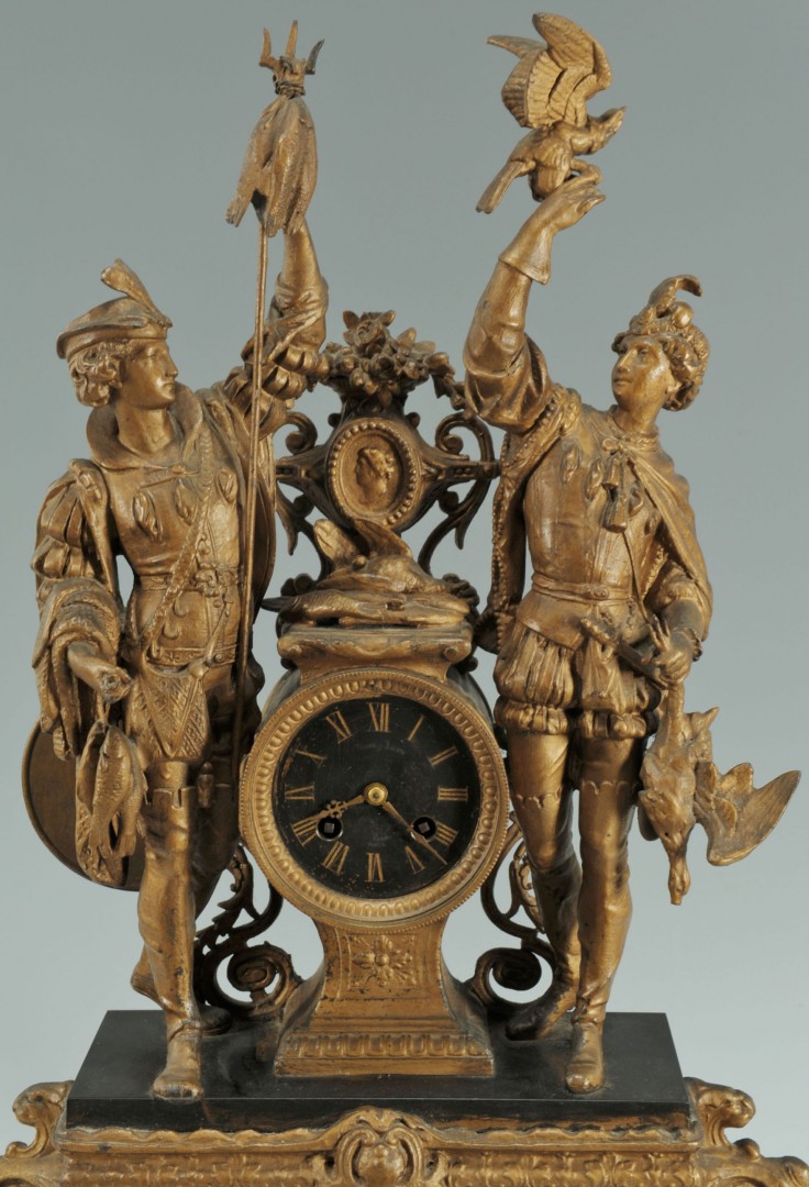 Lot 356: Spelter figural mantle clock, Samuel Marti movemen
