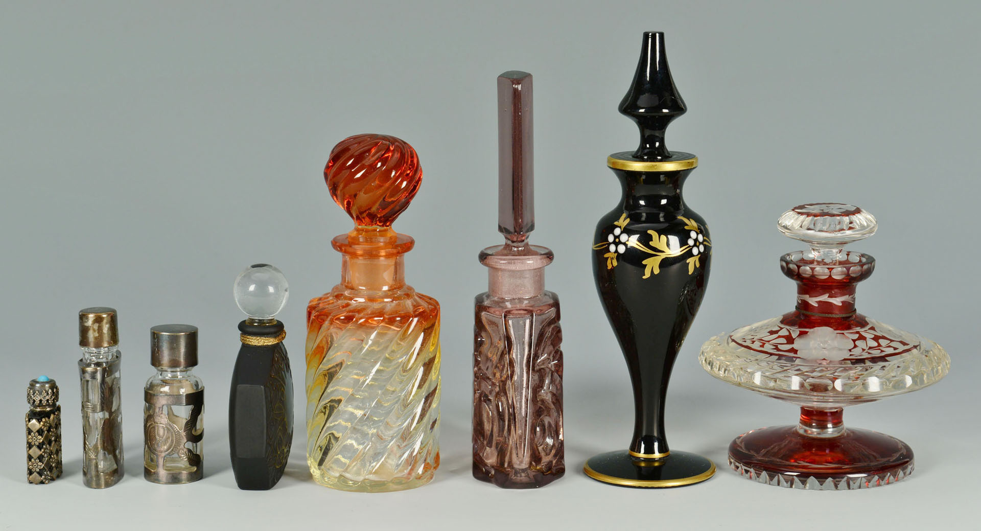Lot 363: 8 Vintage Decorative Perfume Bottles inc. colored | Case Antiques