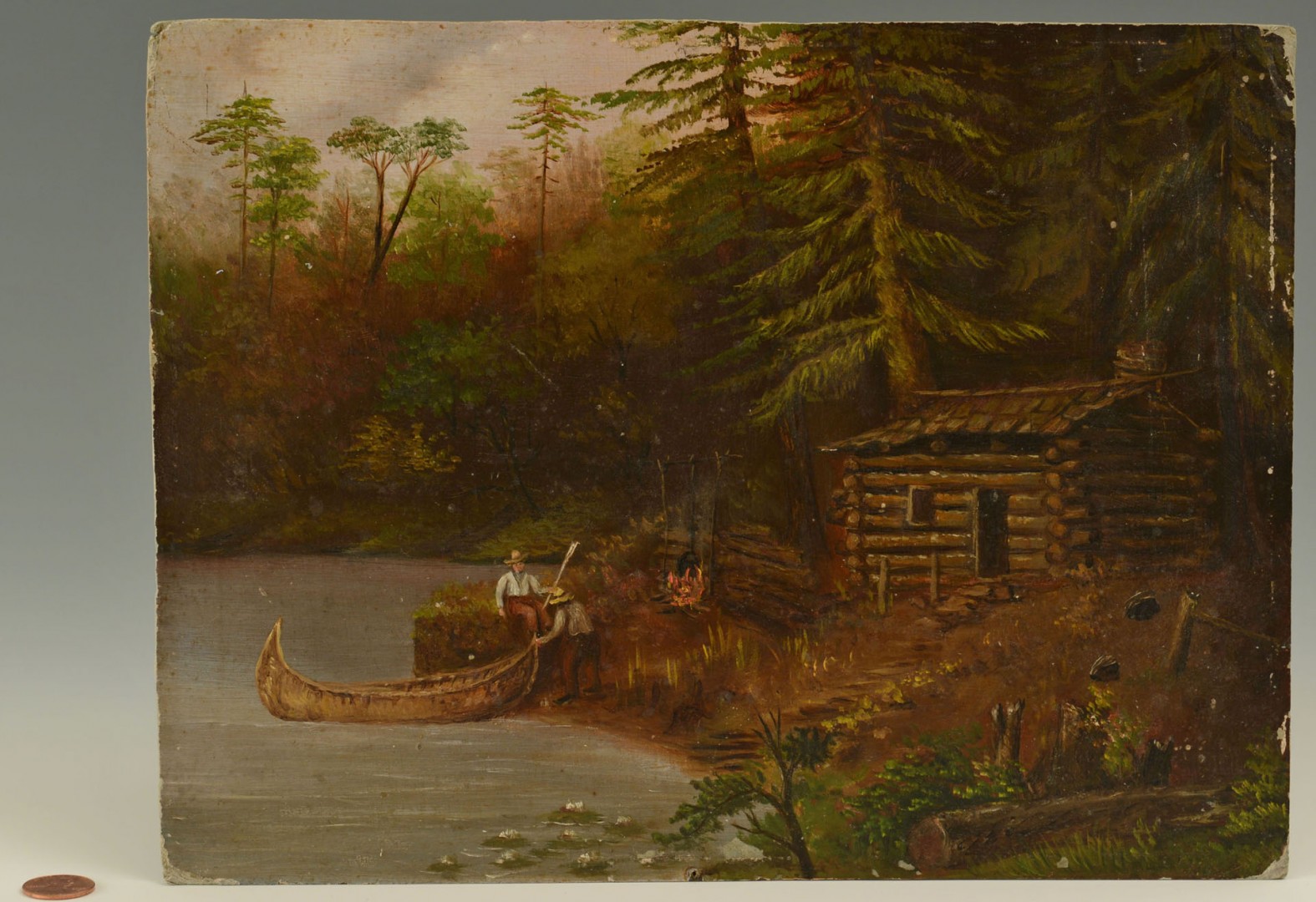 Lot 369: Oil on Board Landscape of Log Cabin & Canoe