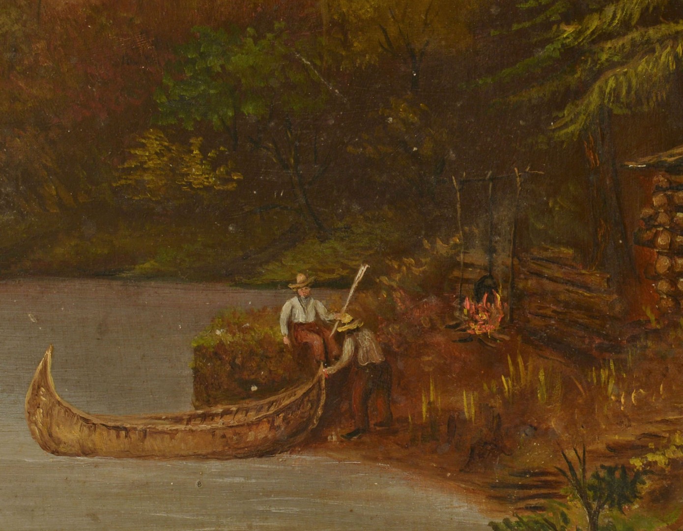 Lot 369: Oil on Board Landscape of Log Cabin & Canoe