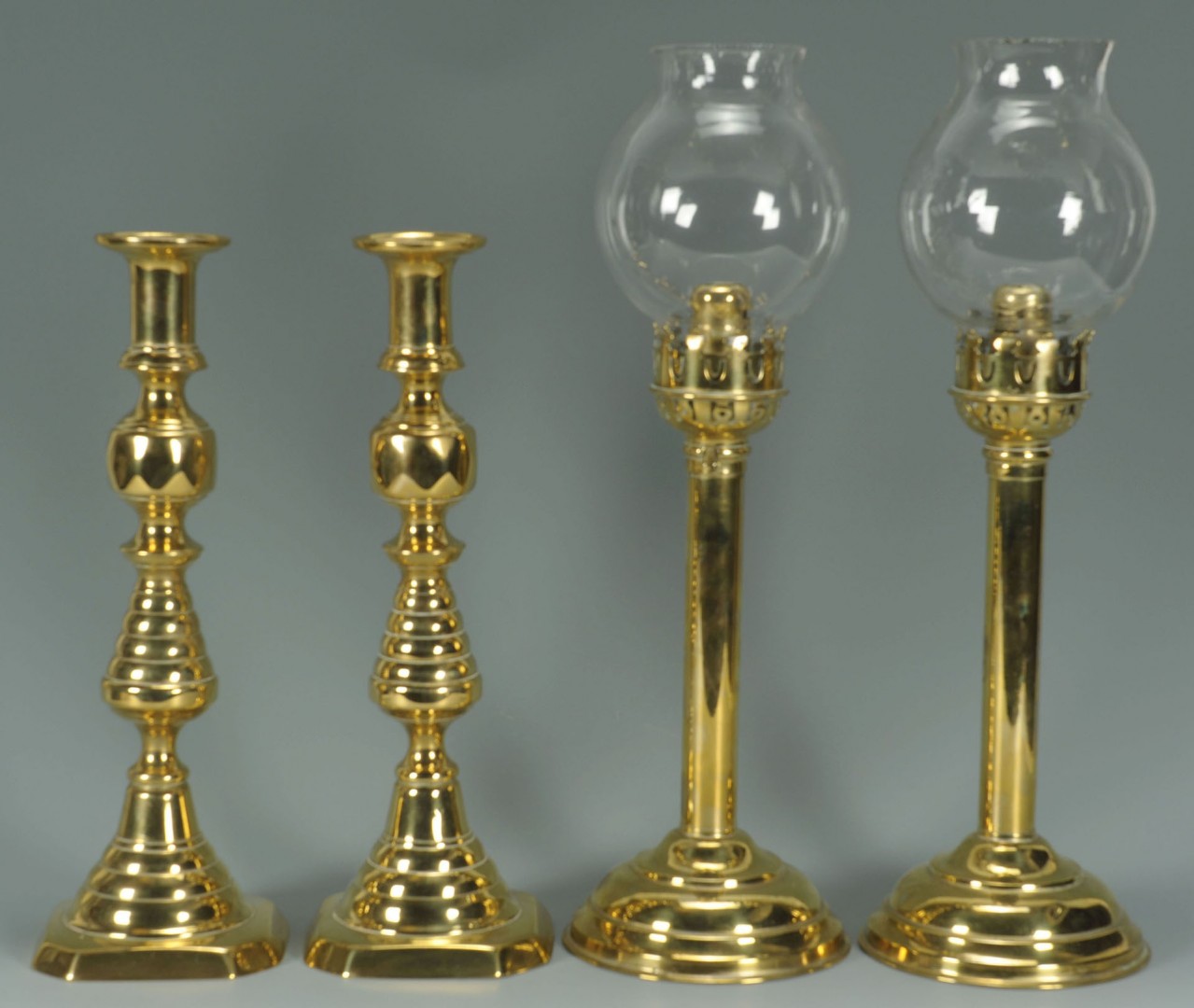 Lot 425: 4 Pairs Brass Candlesticks, 1 with shades, 8 total