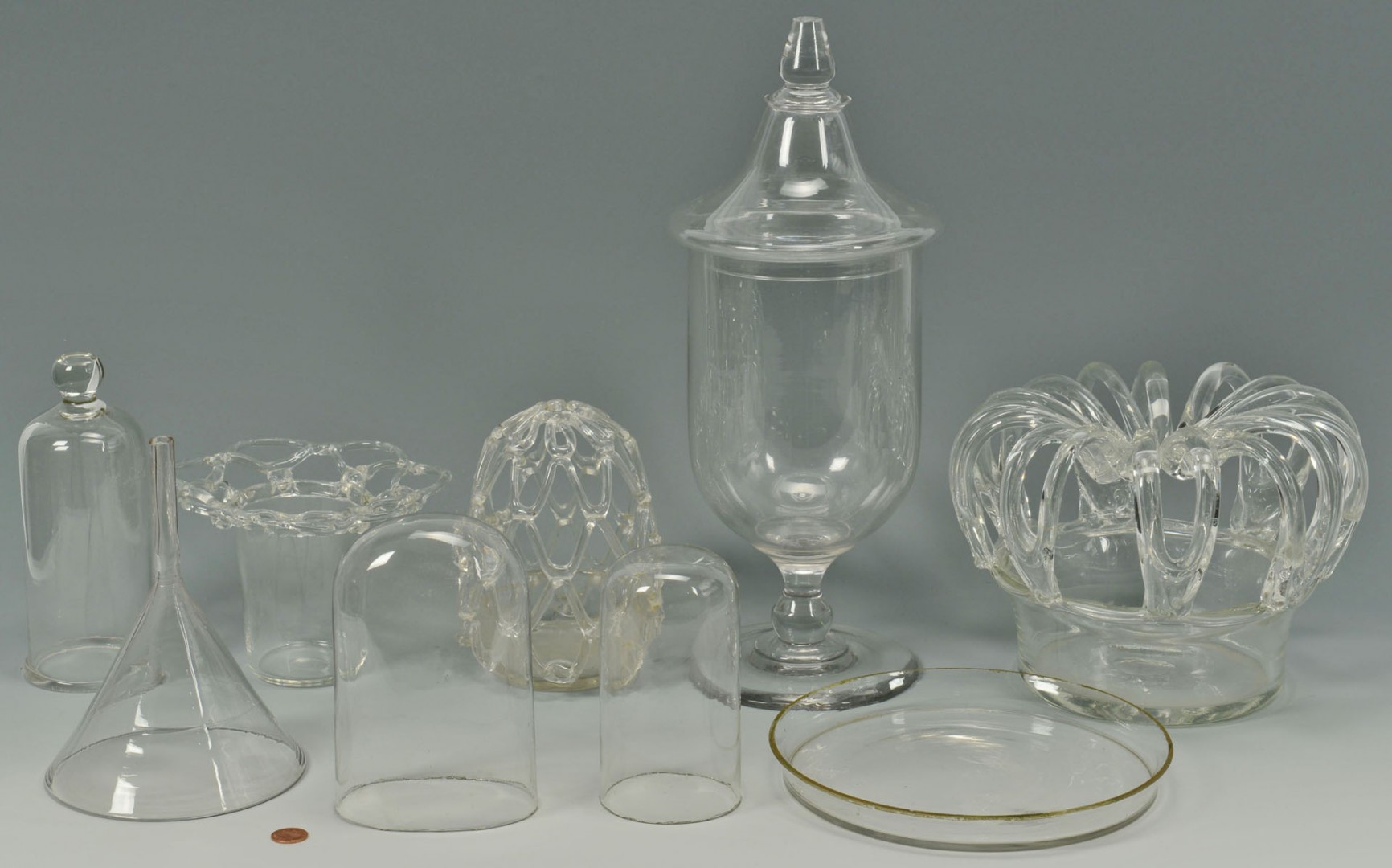 Lot 525: 9 Blown Glass Items incl. apothecary, domes, banks