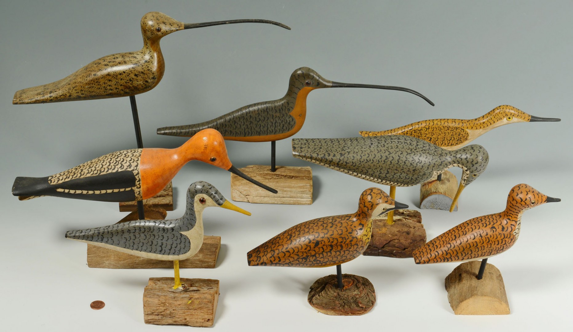 Lot 548: 8 Carved Shorebirds by Percy Perkins, N.H.