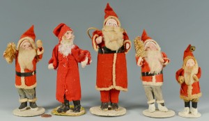 Lot 595: Grouping of five (5) early standing Santa figures