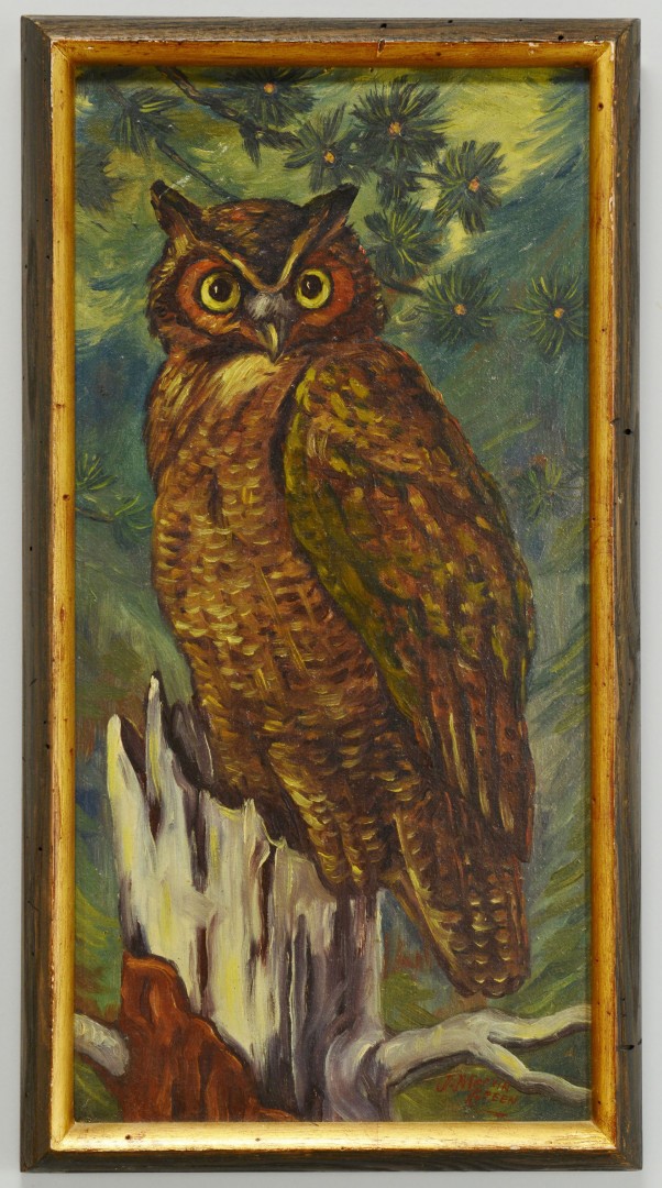 Lot 611: Oil of An Owl Perched in a Tree, J. Marvin Green