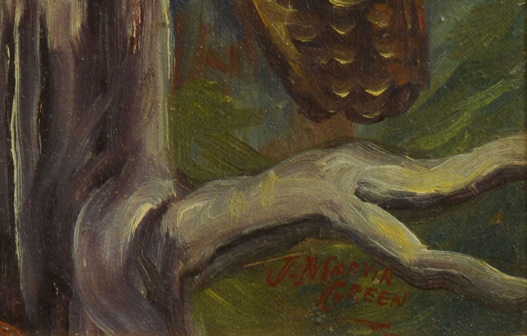 Lot 611: Oil of An Owl Perched in a Tree, J. Marvin Green