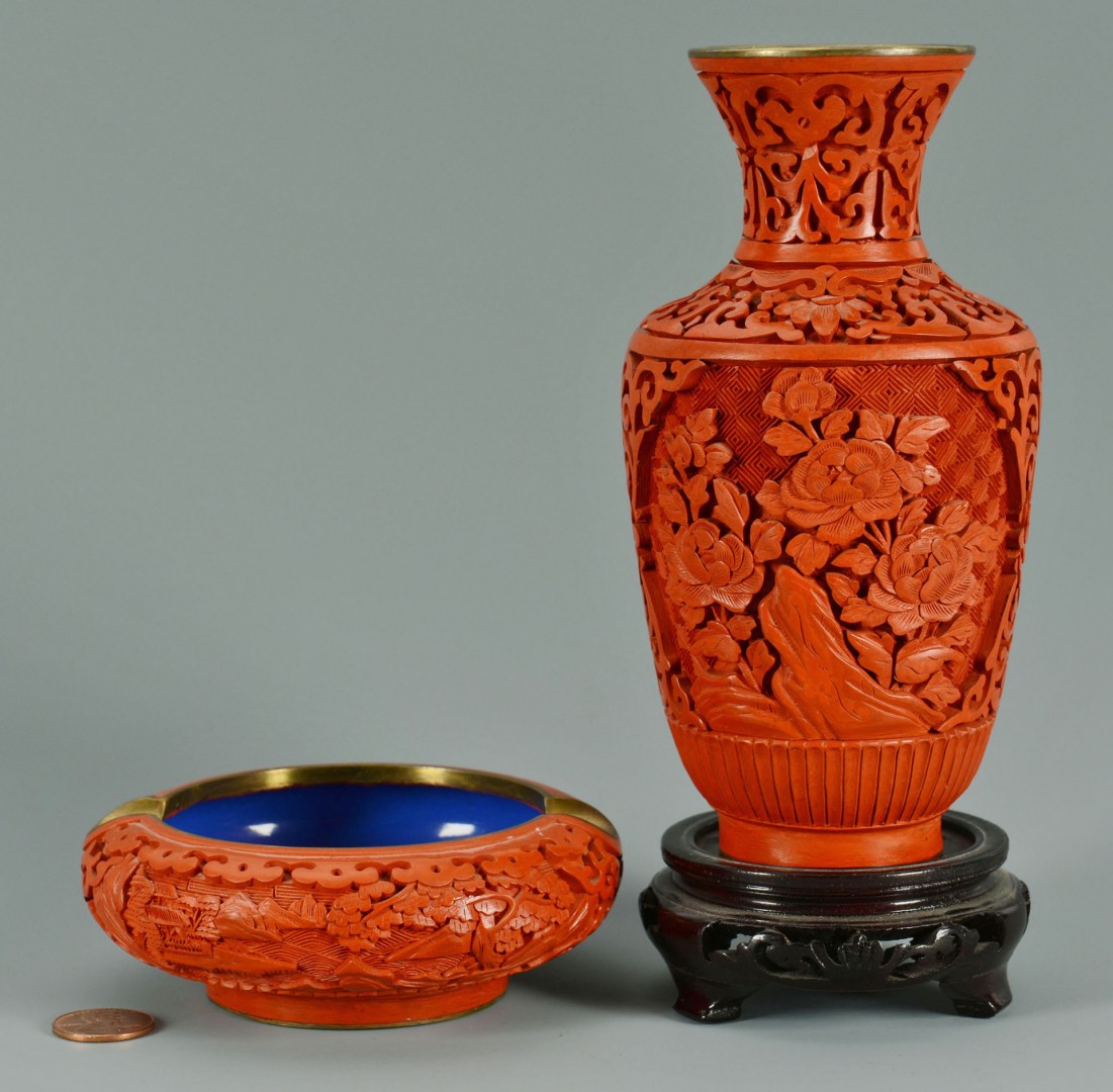 Lot 718: Chinese carved cinnabar vase & ashtray