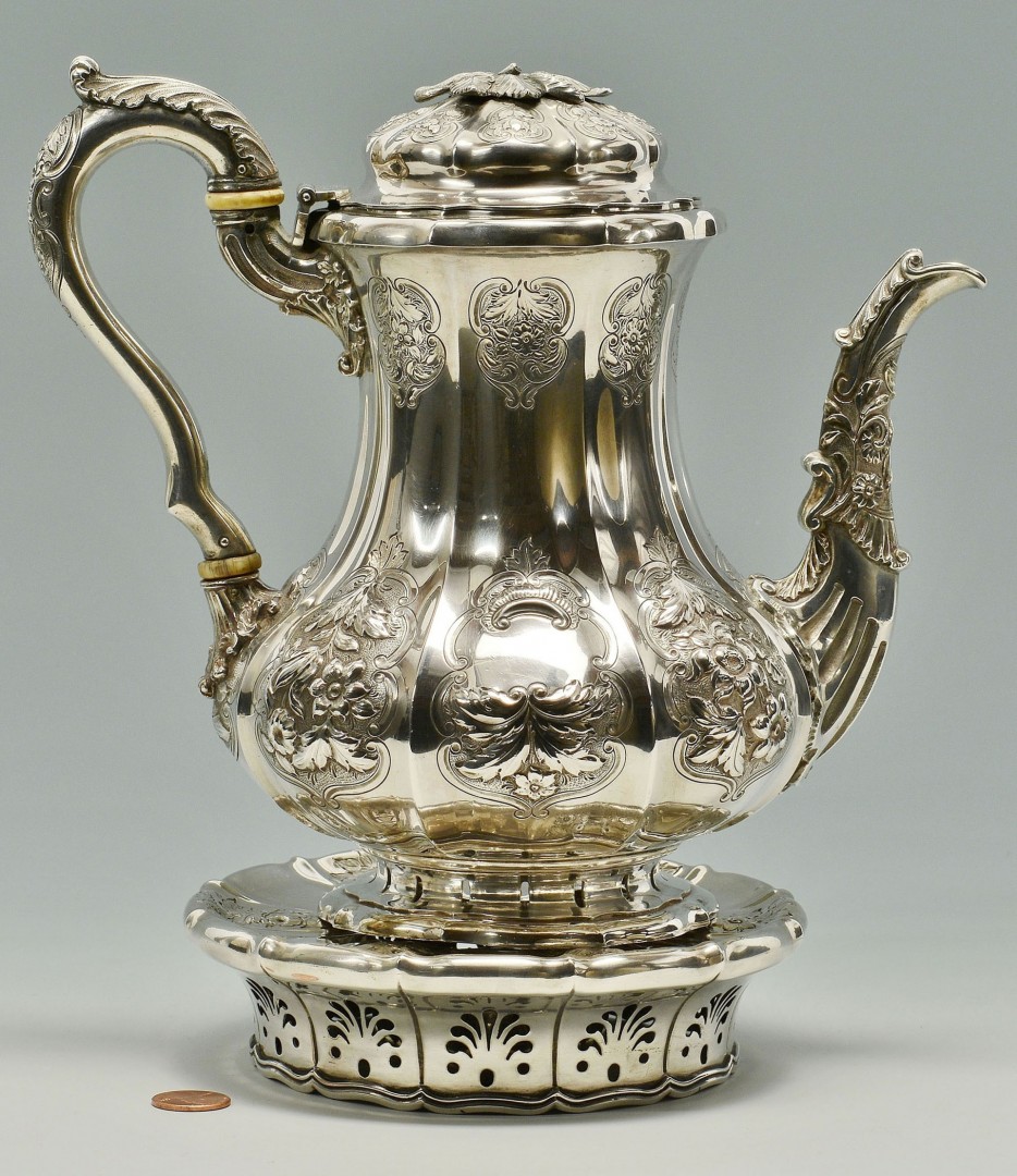 Lot 89: Heavy Coin Silver Teapot with warming stand