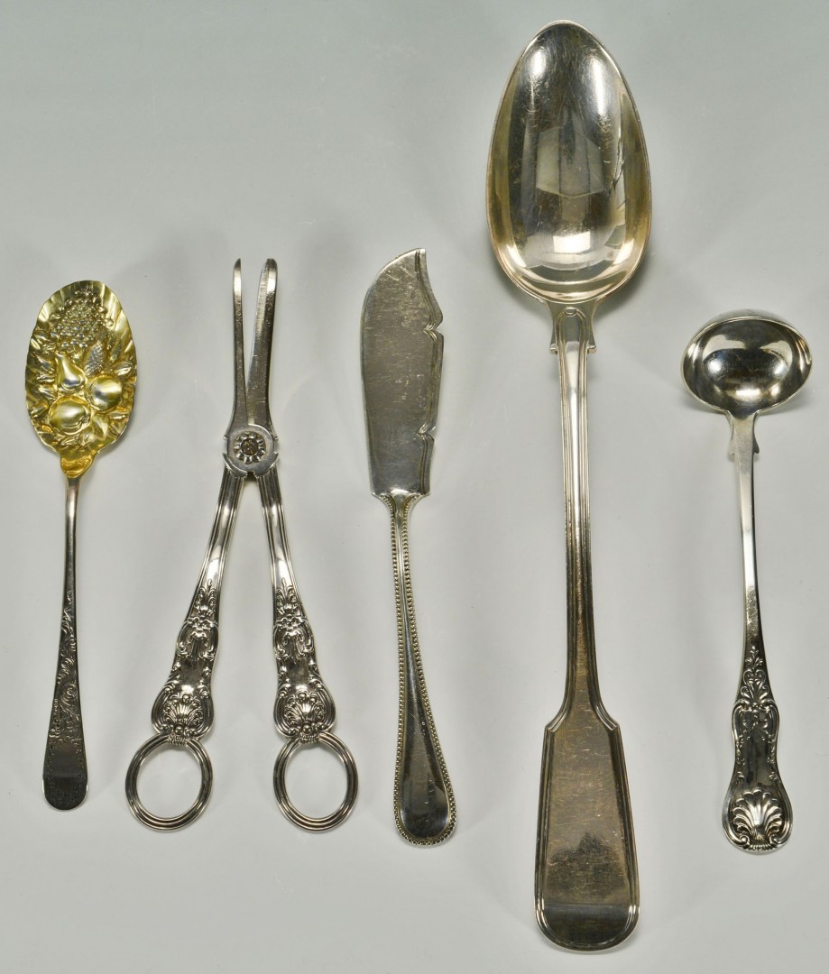 Lot 98: 5 English Silver Serving Pieces inc. Stuffing spoo
