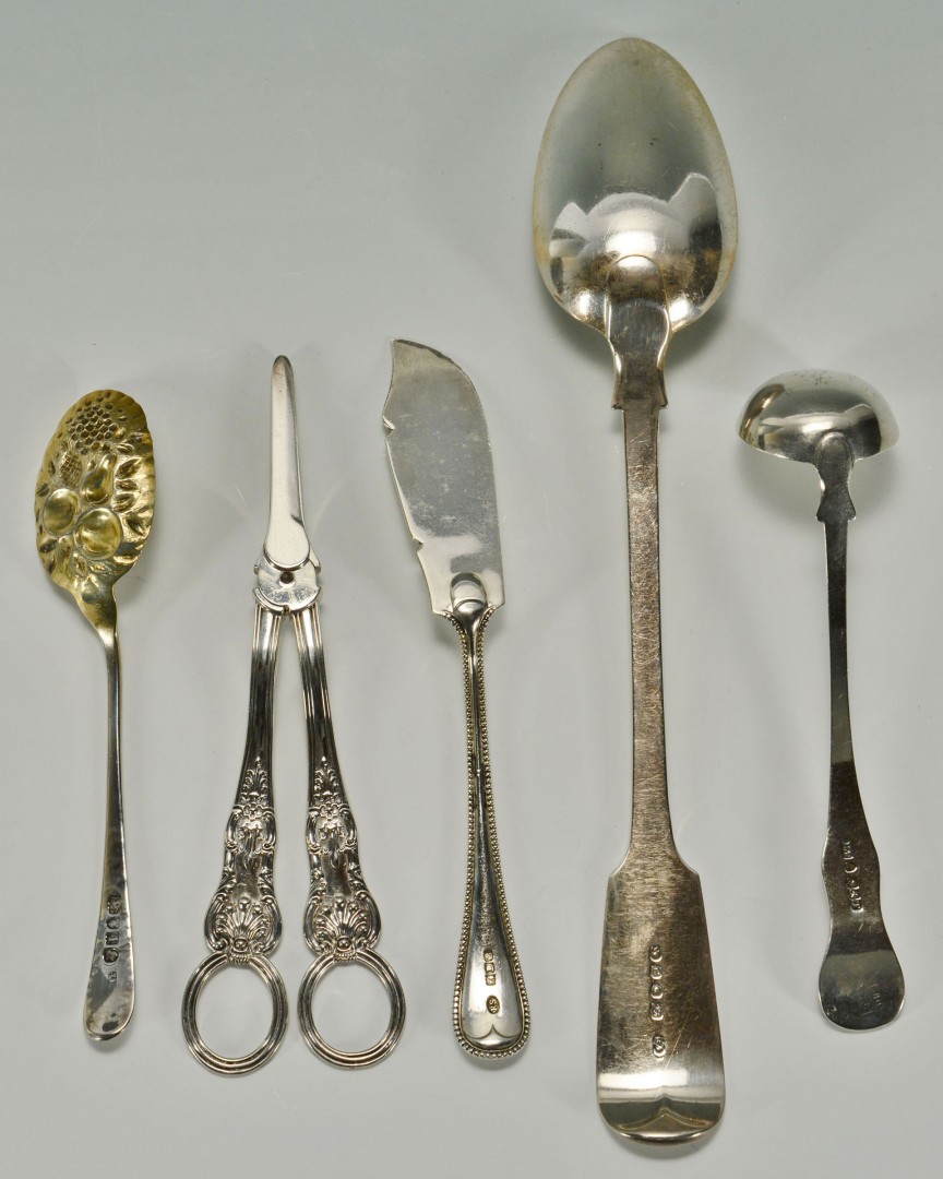 Lot 98: 5 English Silver Serving Pieces inc. Stuffing spoo