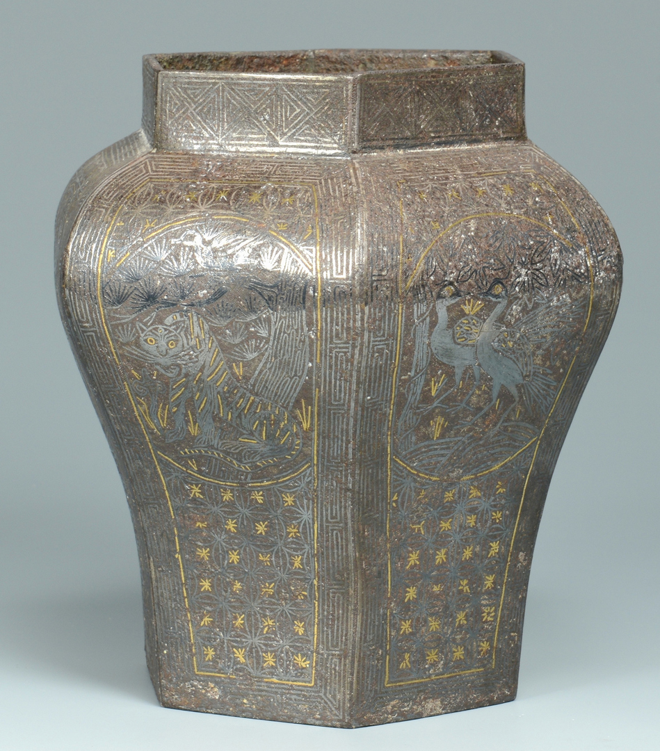 Lot 3088129: Asian Iron Hexagonal Vase w/ Silver & Gold Inlay