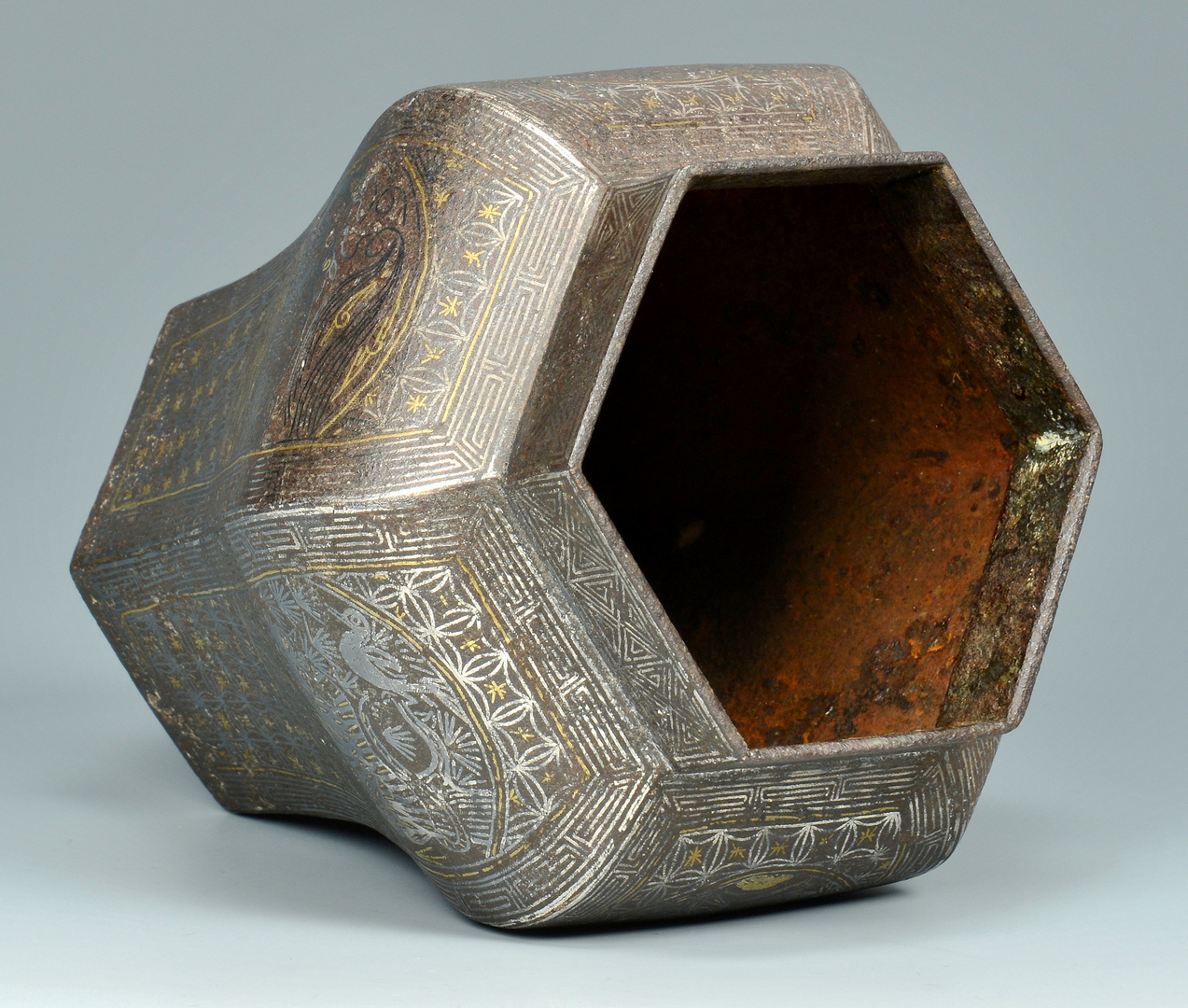 Lot 3088129: Asian Iron Hexagonal Vase w/ Silver & Gold Inlay