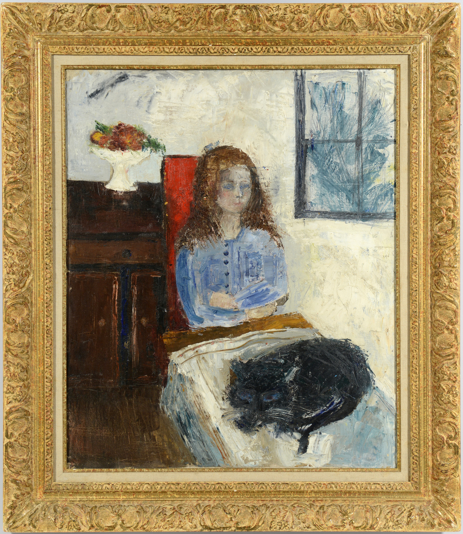 Lot 3088157: 19th c. French School Painting, Girl w/ Cat