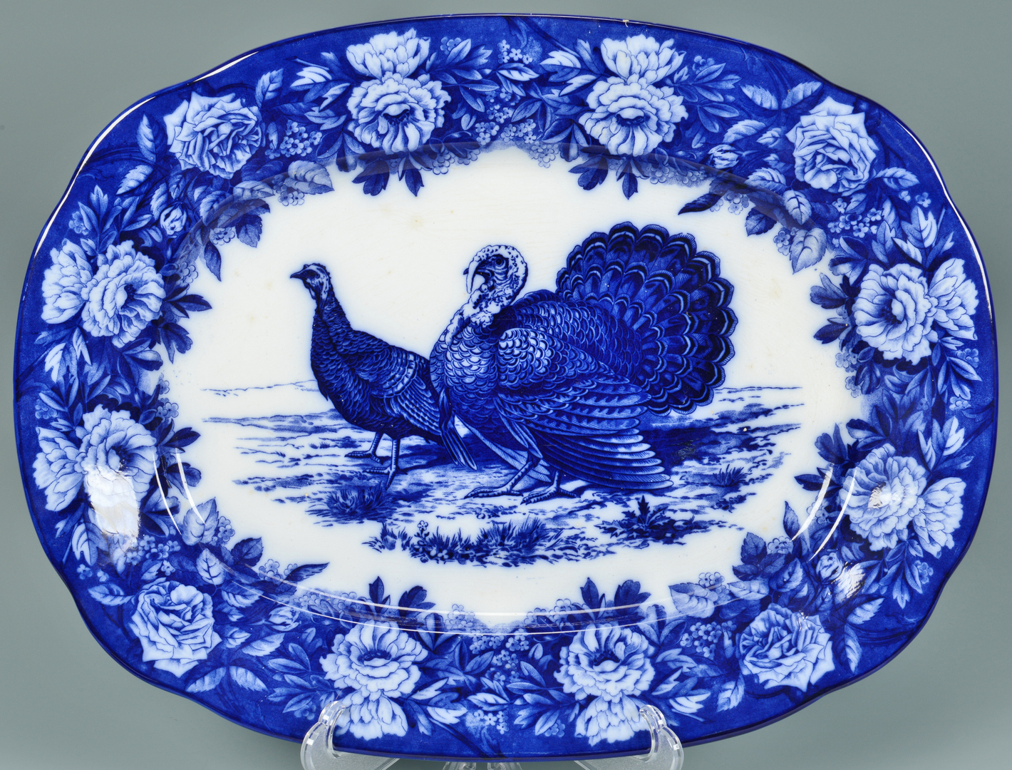 Lot 3088163: Turkey Platter with 12 plates, Flow Blue