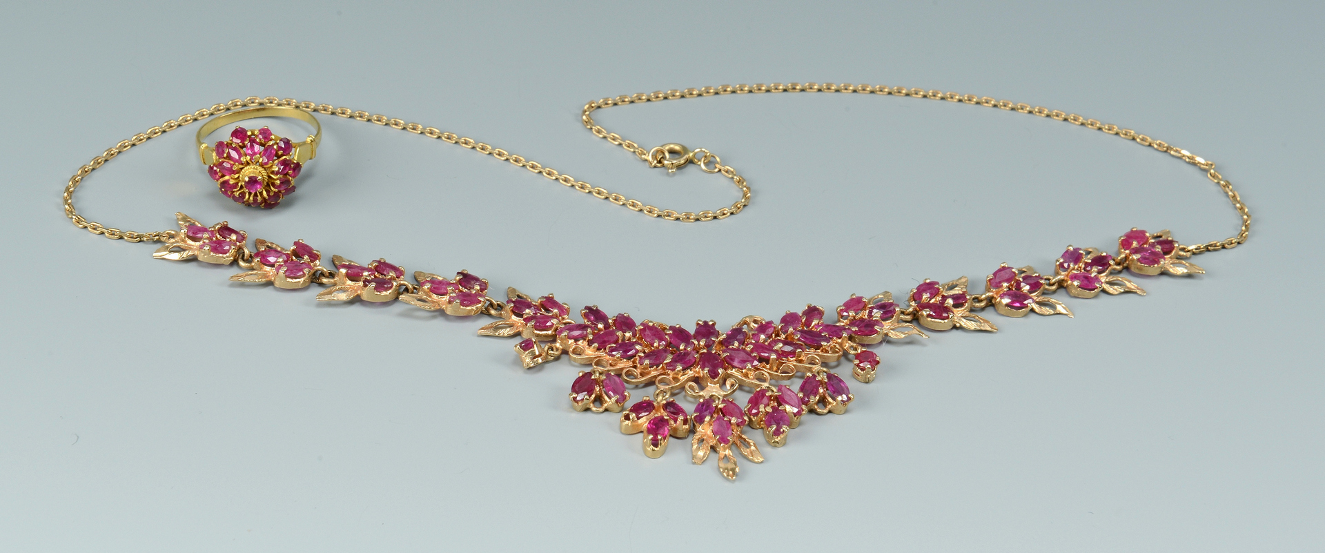 Lot 3088231: 14k Ruby Stone Necklace and Ballerina Ring