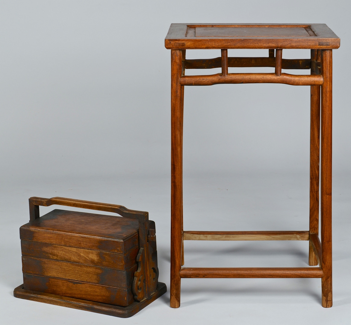 Lot 223: Chinese Hardwood Plant Stand & Lunchbox