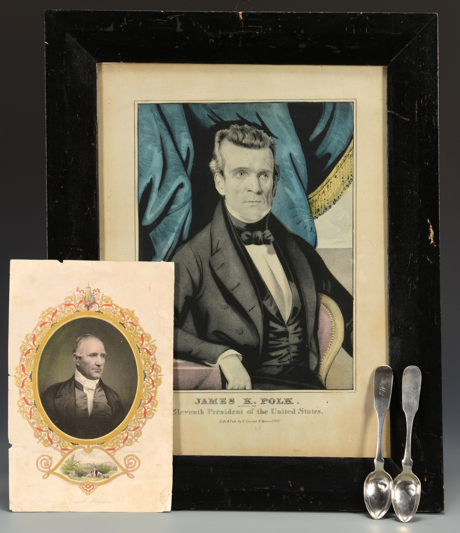 Lot 245: 2 S. Bell Coin Spoons & Polk, Houston Prints