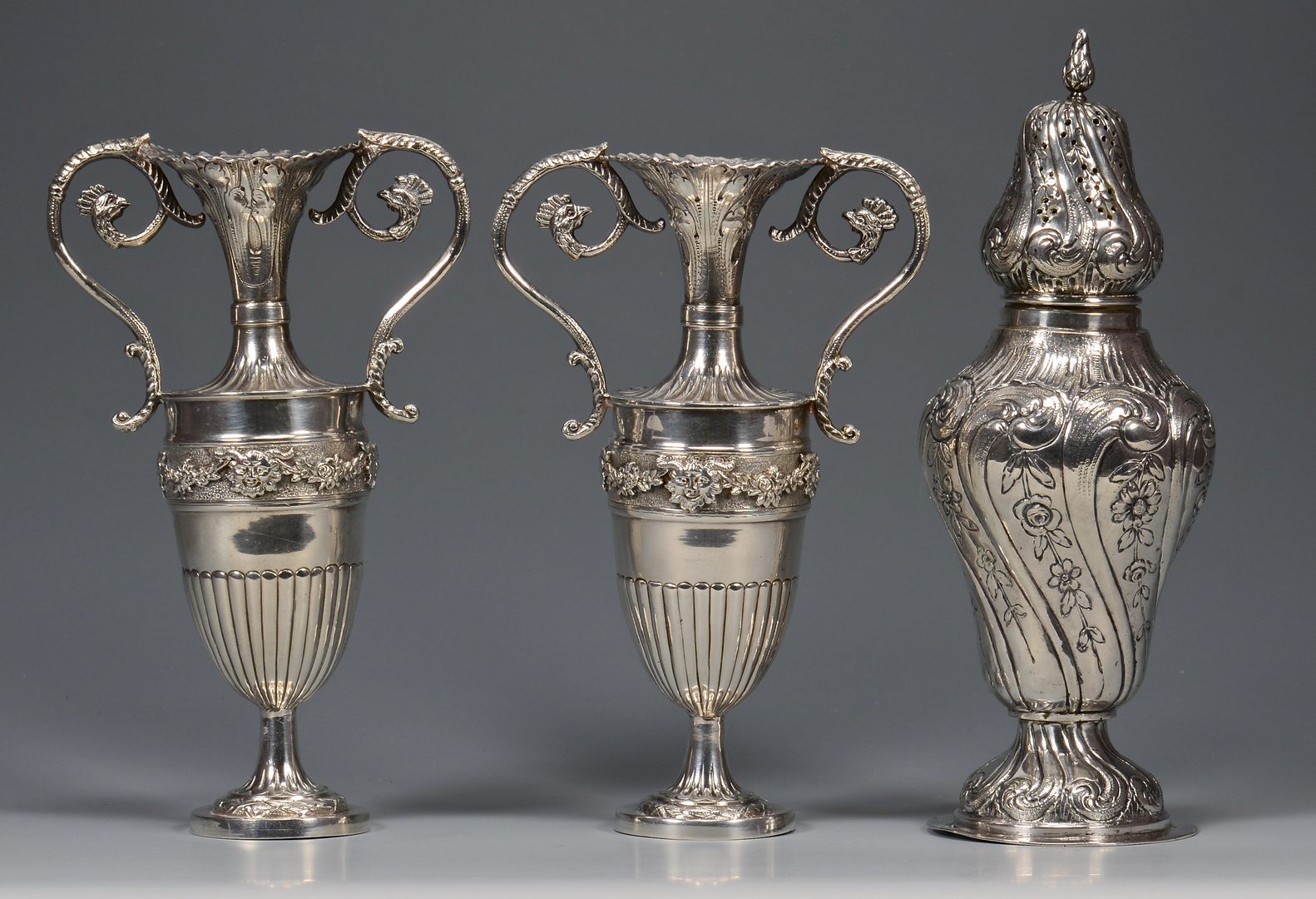 Lot 31: Hanau Silver Urns and Caster