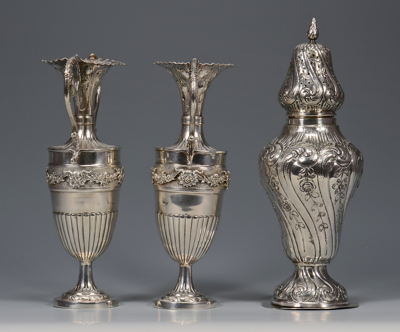Lot 31: Hanau Silver Urns and Caster
