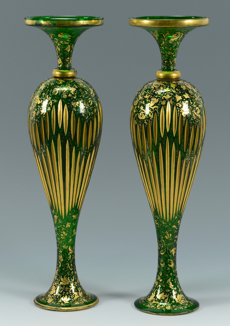 Lot 324: Green Bohemian Glass Vases & Punch Set
