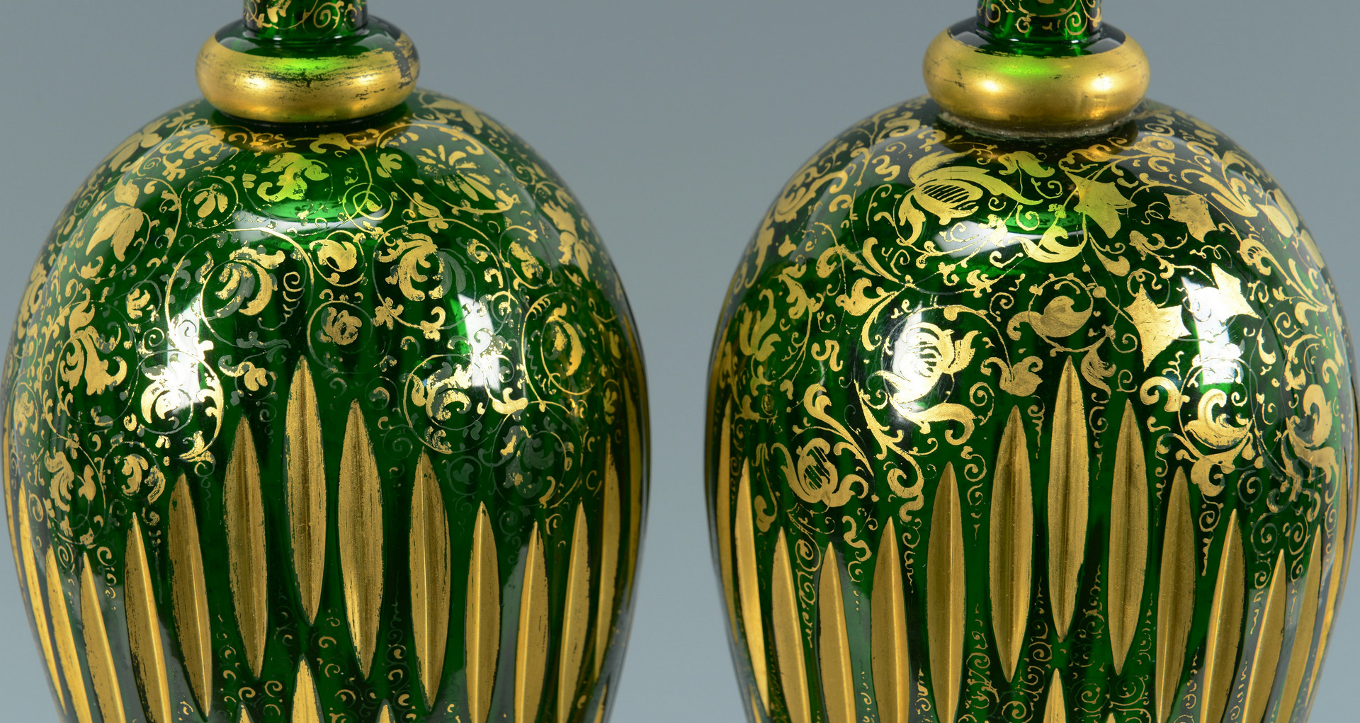 Lot 324: Green Bohemian Glass Vases & Punch Set