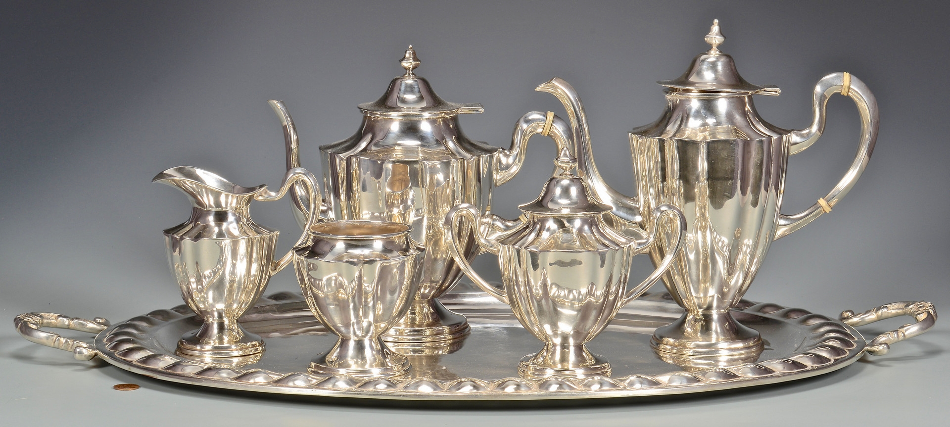 Lot 39: 6 pc. Mexican Sterling Tea Set w/ Sterling Tray