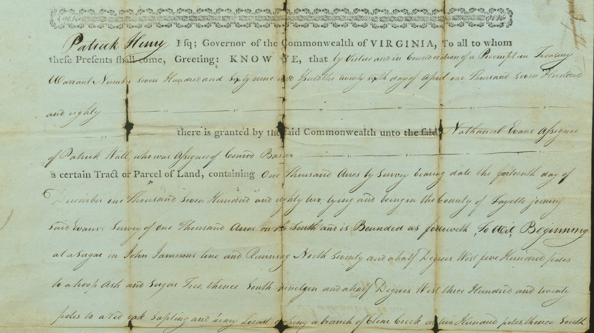 Lot 406: Patrick Henry Signed Land Grant, 1785