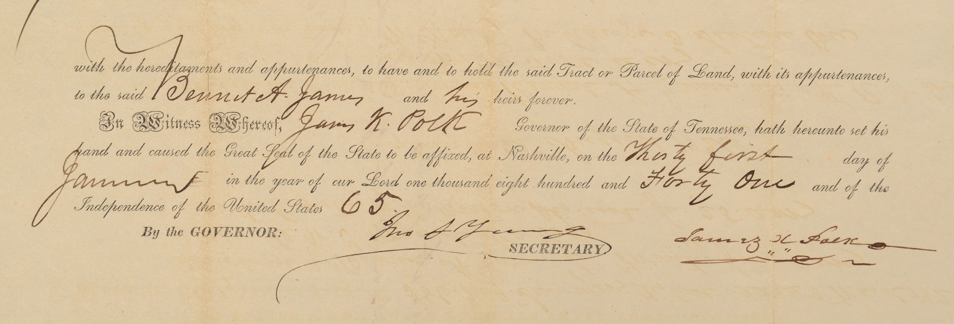 Lot 410: James K. Polk signed Land Grant