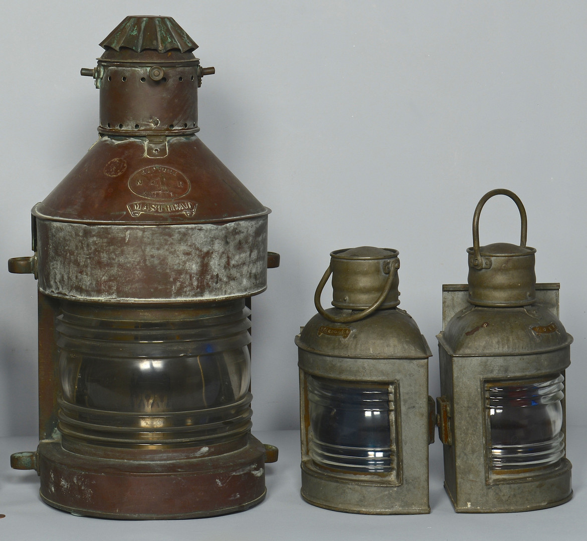 Lot 424: 4 Ship Lanterns & Navy Bucket
