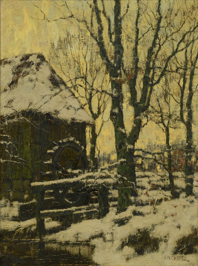 Lot 534: 19th c. Winter Landscape with mill, o/c
