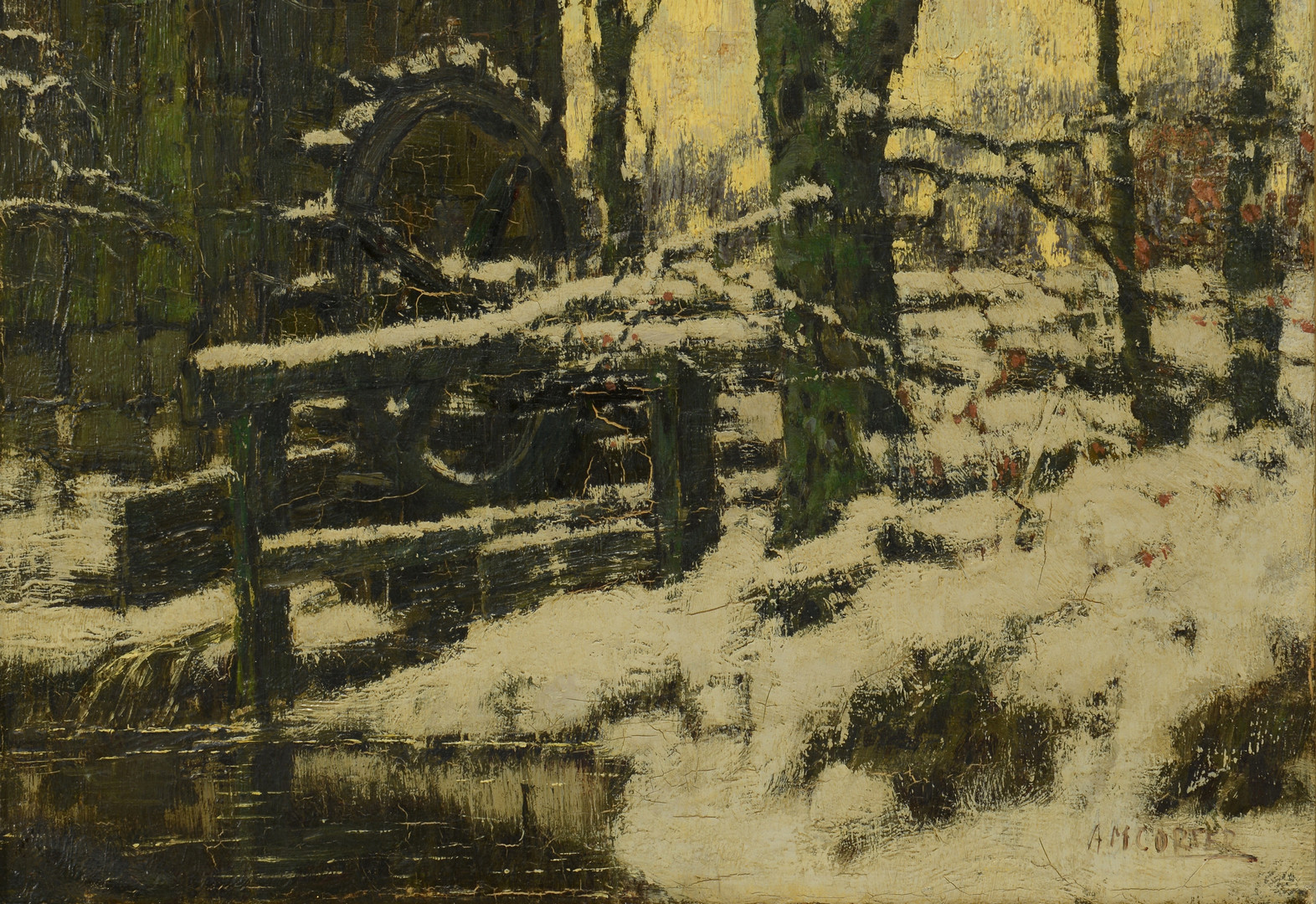 Lot 534: 19th c. Winter Landscape with mill, o/c