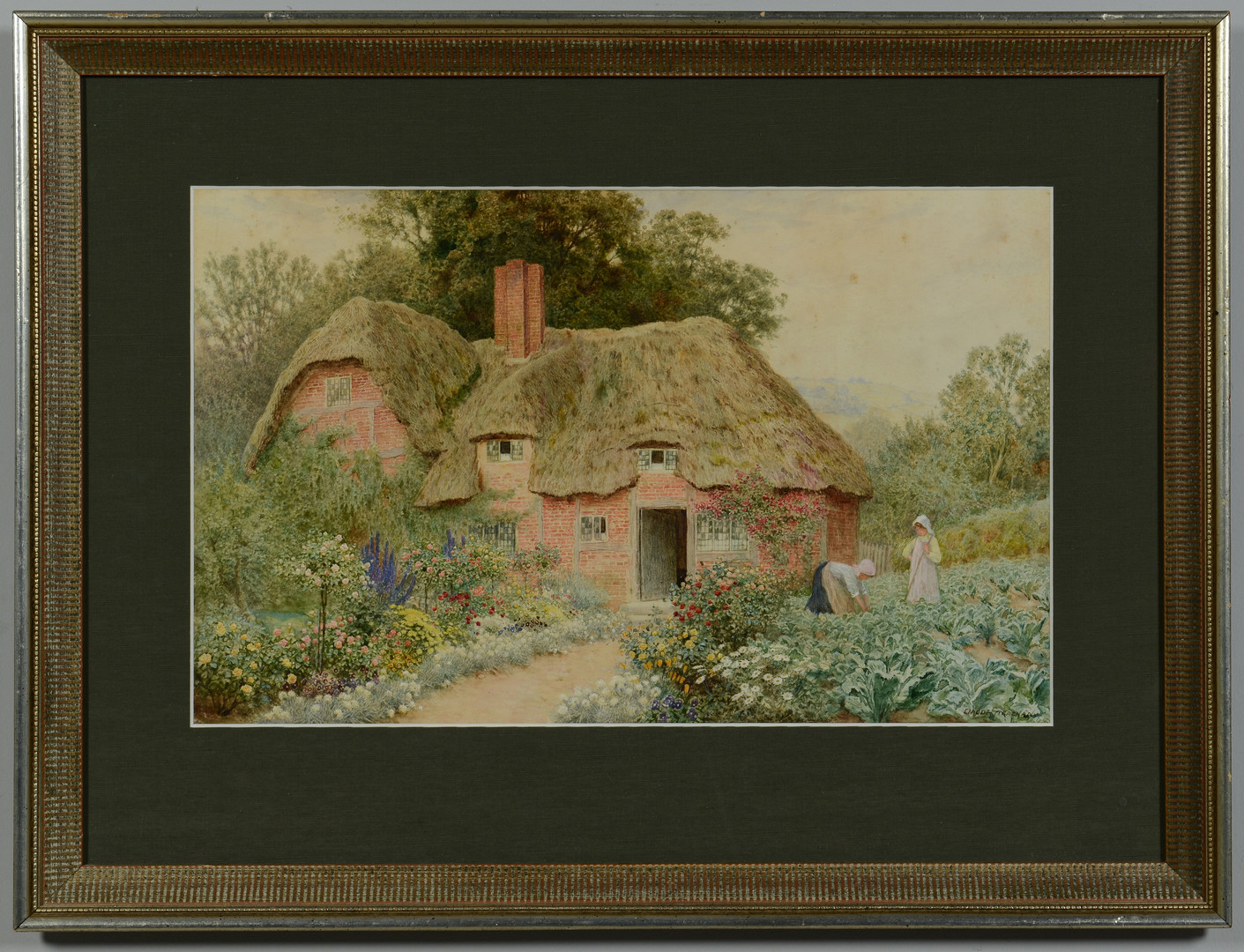 Lot 540: A. C. Strachan Watercolor, figures in garden