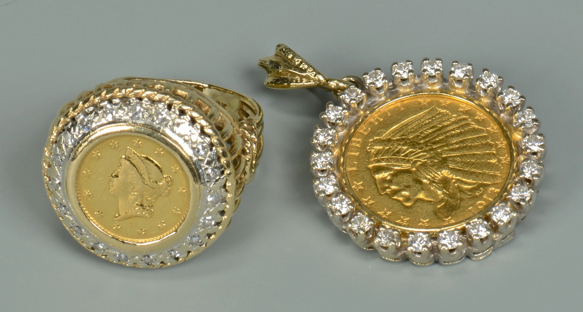 Lot 582: 2 Mounted Gold Coins w/ Diamond Surrounds